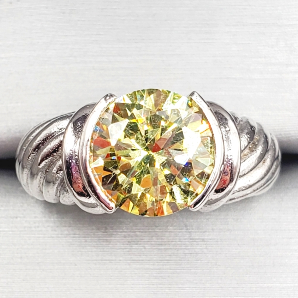 Round Cut Yellow Diamond Simulant Silver Tone Rope Band Ring